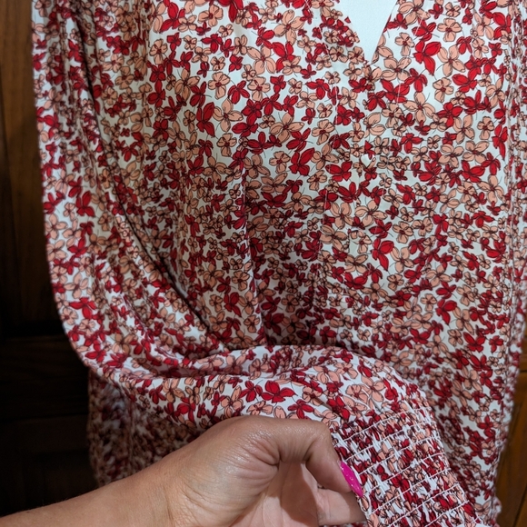 Cooper&Ella L red/peach microfloral cottagecore ruffle trim longsleeve flowy top - Picture 4 of 7